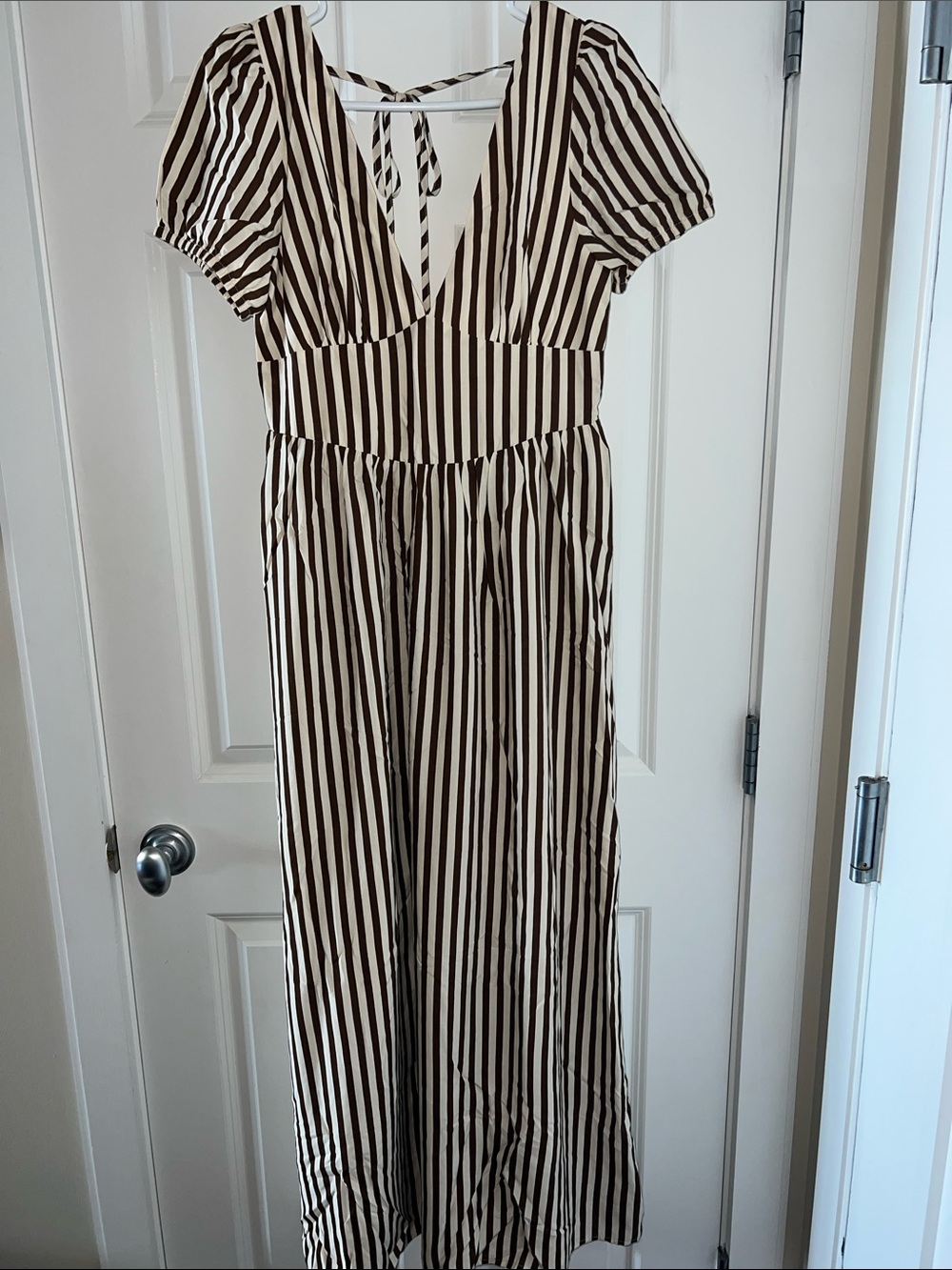 Princess Polly Brown & Cream Striped V-Neck Maxi Dress with tie back